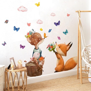 WandSticker4U®- XXL Wandtattoo FUCHS & REH I Wandbilder: 78x72 cm I Baby Wandsticker Kinderzimmer Wald Tiere Hase Schmetterlinge Wolken Familie I Wand Aufkleber Deko Mädchen & Junge