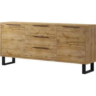 Furniture24 Kommode Halle 25 Wohnzimmerschrank, Merzwerschrank, Sideboard mit 2 Türen und 3 Schubladen, Wotan Eiche Nachbildung
