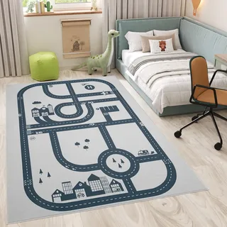 TAPISO Snooki Kinderteppich Straßen Auto Grau rutschfest 200 x 300 cm | Kinder Teppich Strapazierfähig Pflegeleicht weich Deko OEKO-TEX