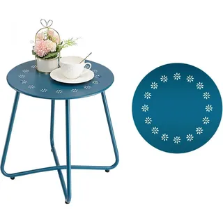 Outdoor Beistelltisch mit Blumenausschnitten, Wetterfest, Stahl, Rund, Metall, Marineblau - Blau