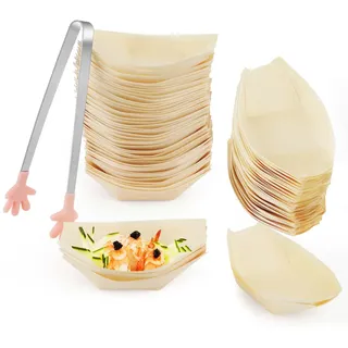 100 Stück Holzschale Schiffchen ,Einweggeschirr Bambus,Fingerfood Schalen,Snackschale Bambusschale Biologisch Abbaubar Essbare Schalen Für Fingerfood Currywurst (Holzschale Schiffchen (8.5*6CM))