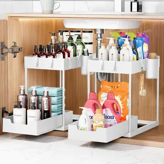 KOOSREEL Unterschrank mit 2 Etagen, Organizer unter der Spüle, ausziehbare Schublade, Küchenregal, Gewürzregal, multifunktionaler Aufbewahrungskorb für Badezimmer – Weiß, 2 Stück