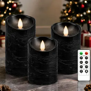 PinnWaa Led Kerzen Flammenlose Kerzenhalter [3 Stück], 10-Tasten Fernbedienung Timer, Flammenlose Kerzen, Realistisch Flackernde Batteriebetriebene Dekorations LED Stabkerzen - Schwarz