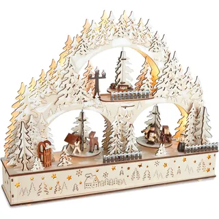 BRUBAKER 3D Lichterbogen - LED Schwibbogen - Winterlandschaft 2025 - Weihnachtsbeleuchtung aus Holz Natur - 37 x 46 x 10 cm - Handbemalte Figuren - Weihnachtsdeko für Tisch & Fenster