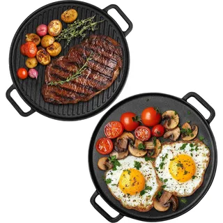 Navaris Doppelseitige Grillpfanne aus Gusseisen - Ø30cm Eingebrannte Pfanne Gusseisen - Langlebig und hitzebeständig - Ideal für Gaskocher, Grill und Ofen, Grillpfanne Gasgrill