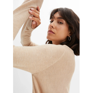 Longpullover BONPRIX "Long-Pullover aus Viskose-Mix", Damen, Gr. 44/46 (L), beige (saharabeige meliert), Feinstrick, Obermaterial: 50% Polyacryl, 50% Viskose, unifarben, oversize knieumspielend, Rundhals, Strickbündchen, Pullover Longpullover, Feinstrick-Viskose-Mix, Oversized-Passform, Poncho-Look, elegant