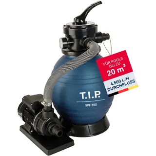T.I.P. SPF 180 Sandfilteranlage, Poolfilter 250 W, max. 7.900 l/h Förderleistung, 4.500 l/h Filterleistung, 6 m Förderhöhe, 0,6 bar, 4-Wege-Ventil, für Pools bis 20 m3, Schlauchanschluss 32/38 mm