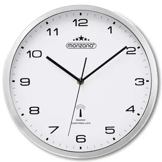 MONZANA® Wanduhr Funk Ø 31cm - Automatische Zeitumstellung - Geräuscharm & Modern - Große Quarzuhr Analog - Für Wohnzimmer, Küche, Büro - Weiß Silber - Silber