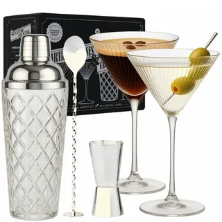 Vemacity Cocktail Shaker Set Glas mit Sieb (450ml) | 2 Ribbed Martini Gläser (280ml) + Silber Barlöffel & Jigger | Cocktail Geschenkset | Barkeeper Zubehör | Ideal zum Verschenken