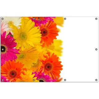 Wallario Outdoor-Poster für Garten oder Balkon, Motiv Bunte Gerberas - pinke, gelbe, rote und weiße Blüten, in ca. 100 x 150 cm - Weiß