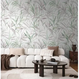 Livingwalls Fototapete mit Farnblätter-Design in Grün, Lila, Weiß - Florale Vliestapete 8,80 m x 0,53 m Natur-Motiv by COSMOPLITAN - 791452