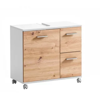 Schildmeyer Palermo Waschbeckenunterschrank 157634, Mattweiß/Artisan Eiche Dekor, 65,1 x 32,0 x 60,0 cm