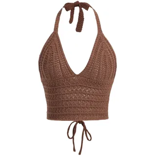 LOFAAC Sexy Neckholder-Top für Damen, Y2K, gestrickt, V-Ausschnitt, ärmellos, rückenfrei, Schnürung, bauchfrei, Tanktop, Strandmode, Braun, Groß