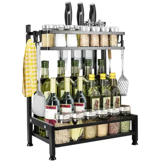 OUZHOU 2 Etagen Gewürzregal Stehend, Gewürzständer Küchenregal Arbeitsplatte, Gewürzregal Organizer Kohlenstoffstahl Gewürzregale Schwarz mit Haken, Spices Organizer für Küche Schrank Bathroom