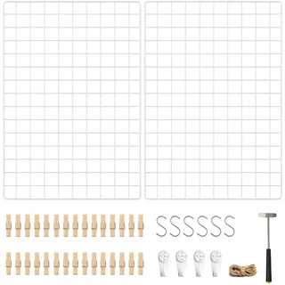 SONGMICS Fotowand aus Drahtgitter, 2er Set, Wanddekor, multifunktionale Gitterwand, Wandgitter, DIY, mit S-Haken, Klammern und Hanfschnur, weiß LPP02W