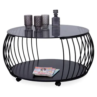 Couchtisch Shanghai 1 – Runder Tisch mit Glasplatte, Ø 60 cm, H 45 cm | Schwarzes Metallgestell | Mit Ablagefläche & Rollen | Modernes Industrial-Design | Pflegeleicht & stabil - Schwarz