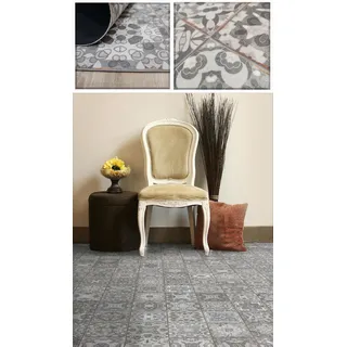 Tadi & Imperio1979 Vinyl-Teppich mit Vintage-Blumenmuster, in Altgrau und Weiß, für Küche, Waschküche, Flur, WC, Schlafzimmer, mit Rutschfester PVC-Rückseite, 140 x 200 cm