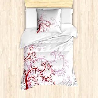 ABAKUHAUS Blumen Bettbezug Set für Einzelbetten, Antike Magnolie, Milbensicher Allergiker geeignet mit Kissenbezug, rot Weiss - Rot