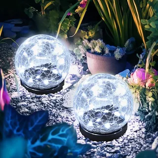 GIGALUMI 2 Stück solarlampen für außen garten Craquelé-Glas Kaltweiß | Gartendeko für Draußen Wetterfest, Wasserdicht Solarleuchten Garten für den Außenbereich, für Weg, Terrasse, Hofweg
