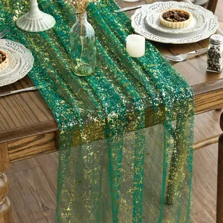 Artoid Mode Gaze Tüll Glitter Folie Grün Gold 6 Stück Tischläufer 70x300 cm, Küche Tisch Dekoration Drinnen Urlaub Party Dekor