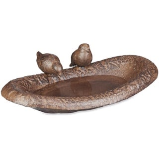 Relaxdays Vogeltränke Gusseisen, Garten & Balkon, HxBxT: 7 x 24 x 12,5 cm, Vogelfutterstelle, Wasserschale Vögel, braun