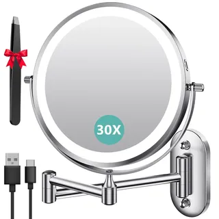Auxmir Kosmetikspiegel mit Beleuchtung, 1X/30X Wiederaufladbar Schminkspiegel, 3200mAh Rasierspiegel Wandmontage, Dimmbar Vergrößerungsspiegel mit 3 Lichtfarben, 360° Drehbar für Badezimmer