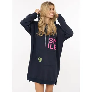 Sweatkleid ZWILLINGSHERZ "Alissa", Damen, Gr. L/XL, N-Gr, marine, Sweatware, Obermaterial: 50% Baumwolle, 50% Polyester, Kleider Sweatkleid, Kapuze, Kängurutasche, Neon-Details, Print