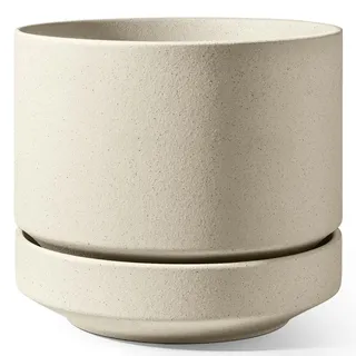 LE TAUCI Keramik Blumentopf Groß 35 cm mit Untersetzer, Großer Pflanzkübel für Außen & Innen, mit Drainageloch, Netz, Unglasiert & Atmungsaktiv, Modern für Terrasse – Sand-Beige