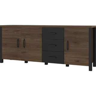 Furniture24 Sideboard OLIN 47 Kommode 192 cm breit mit 3 Türen 3 Schubladen Nußbaum Okapi/Schwarz matt