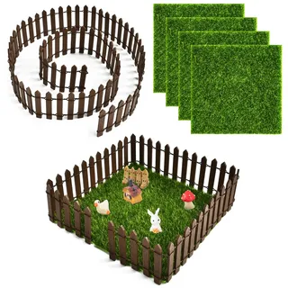 Wichtel Zubehör Weihnachten 5 Stück Wichtel Zaun Deko 90 cm Miniatur Gartenzaun Holz, 15 X 15 cm Miniatur Kunstrasen Deko für Puppenhaus Gartenmöbel, Feengarten Zubehör, DIY Dekoration (Braun)