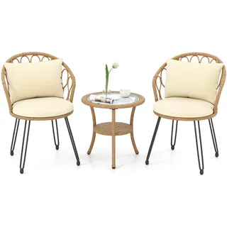 FANTASK 3TLG. Balkonmöbel Set, Rattan Balkonset inkl. inkl. 2 Stühle mit Kissen & Tisch, Bistroset für 2 Personen, Gartengarnitur für Garten, Terrasse