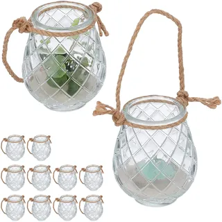 Relaxdays Windlicht, 12er Set, Glas, Henkel aus Hanfseil, innen & außen, Teelichthalter, 10 x 8,5 cm, transparent/Natur