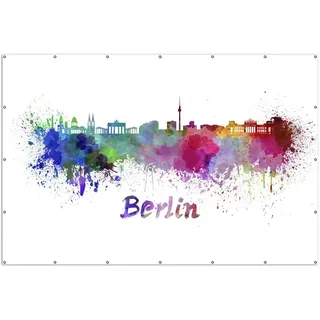 Wallario XXL Outdoor-Poster für Garten oder Balkon, Motiv Städte als Aquarell - Skyline von Berlin, in ca. 300 x 200 cm - Weiß