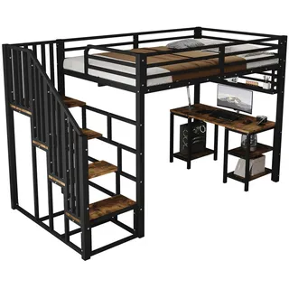 Stilvora Hochbett 120/200 cm in Schwarz & Dunkelwalnuss mit Treppe, Schreibtisch und Regal , Metall, Holzwerkstoff , 3 Fächer , 120x200 cm , Babymöbel & Kindermöbel, Kinderzimmer & Jugendzimmer, Kinderbetten, Hochbetten