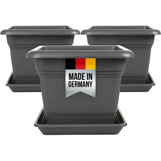 3er Set Blumentopf Gross mit Untersetzer 28x28 cm eckig, Pflanzkübel Groß aussen, Tomaten Kübel Blumenkübel Pflanztopf Pflanzentopf Blumentöpfe Pflanztöpfe, Made in Germany, Anthrazit, Model:Ago
