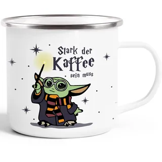 MoonWorks® Emaille-Tasse Baby-Yoda Spruch lustig Stark der Kaffee sein muss Geschenk Kaffeeliebhaber Bürotasse Emaille-weiss-silber standard