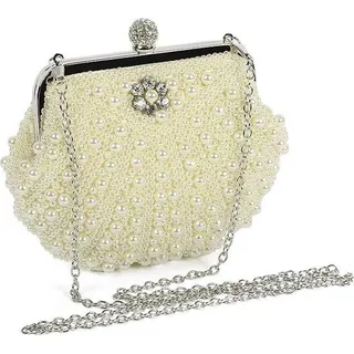 Unyqoos® Damen-Clutch Abendtasche mit Perlen & Glas‐Diamanten, Polyester, 19×3×15 cm – kurze 34 cm & lange 120 cm Metallkette, Braut- und Partytasche - Beige