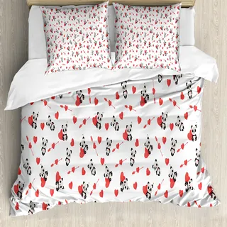 ABAKUHAUS Liebe Bettbezug, Panda mit Herz, Milbensicher Allergiker geeignet mit Kissenbezügen, 155 cm x 220 cm - 80 x 80 cm, Vermilion Beige Schwarz - Beige