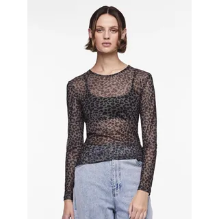 Langarmshirt PIECES "PCNINNI LS MESH TOP NOOS BC", Damen, Gr. XS, schwarz (schwarz aop:leo), Web, Obermaterial: 95% Polyester, 5% Elasthan, bedruckt, durchscheinend, gemustert, mehrfarbig, transparent, regular fit normal, Rundhals, Shirts Langarmshirt, Materialmix, regular fit