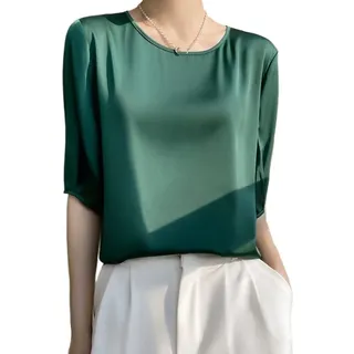 Damen Oberteile,Damen-Bluse Aus Satin Sommer Elegant Schlicht Schlicht Pullover Mit Rundhalsausschnitt Hemden Oberteile Modische Halbarm-Tunika-Oberteile Lässige Lockere Arbeitsblusen Seiden-T-Shir