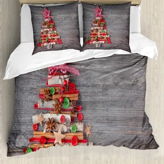 ABAKUHAUS Weihnachten Bettbezug, Baum Bottons Stern, Milbensicher Allergiker geeignet mit Kissenbezügen, 200 cm x 200 cm - 80 x 80 cm, Mehrfarbig
