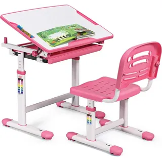 COSTWAY Kinderschreibtisch hoehenverstellbar, Schuelerschreibtisch Kindermoebel neigungsverstellbar, Kindertisch mit Stuhl, Schreibtisch Kinder,Rosa