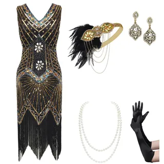 BABEYOND Damen Flapper Kleider Set 1920er V Ausschnitt Great Gatsby Kleid mit Zubehör Set