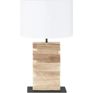 Tischlampe - Weiß - Braun - Schwarz - H 63 cm - Holz - Stahl - Stoffschirm - Eckig - Weiß, Braun, Schwarz