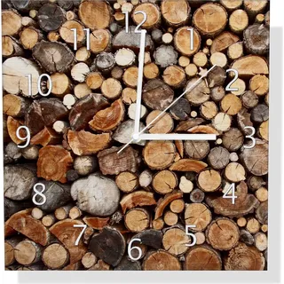 Wallario Design Wanduhr Dunkler Holzstapel rund aus Aluverbund, Größe 30 x 30 cm - Braun