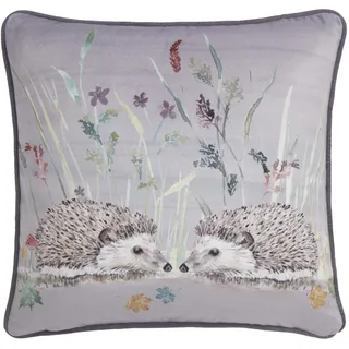 Dreams & Drapes Kissen Igel grau (43 x 43 cm) – Füllung inklusive – paspelierter Rand – wendbares Design – graues Biber/Karo Kissen – Woodland Floral Kissen mit Bezug inklusive/Kisseneinlage