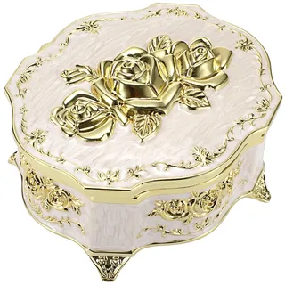 SUMTree Vintage Music Box Klein Weiss Schmuckbox Metall Keepsake Box Musical Jewelry Box Schmuckkästen Schmuckkoffer für Ring Ohrringe Damen Geschenk Geburtstag Hochzeit Weihnachten Valentinstag