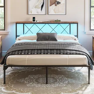 IRONCK Bett 160x200 mit LED Beleuchtung, Bettgestell 160x200 mit Steckdose, 1 USB, 1 Typ-C-Anschlüsse, Metallbett mit Kopfteil und Stauraum, Jugendbett, Doppelbett mit Metal Lattenrost