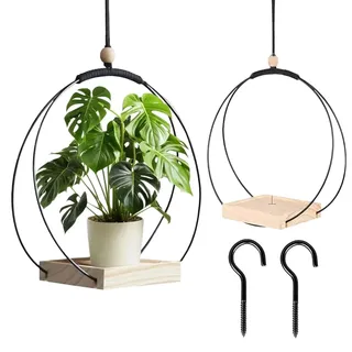 SKIKHN Blumenampel Hängend Innen, 2 Stück Blumentopf Hängend mit Holzsockel, Metallring und Aufhängeschlaufe, Moderne Boho Hängetopf für Pflanzen, Hängende Pflanzgefäße für Wände Decken Garten Balkon