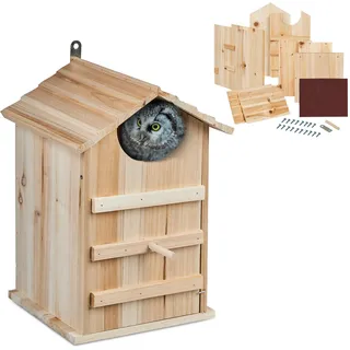 Relaxdays Eulen Nistkasten, Bausatz, Holz, Einflugloch H x B: 9,5 x 9,5 cm, aufklappbar, Vogelhaus zum Aufhängen, Natur